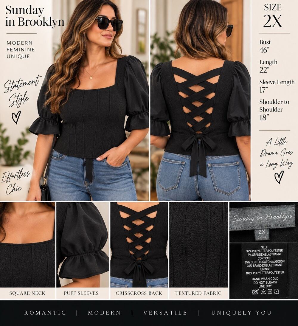 Sunday in Brooklyn Black Square Neck Lace-Up Tie Puff Sleeve Blouse Plus 2X
